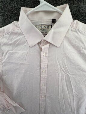 Thomas Pink Bulldog Long Sleeve Button Up Shirt Adult Size 17.5 35.5 Pink Check